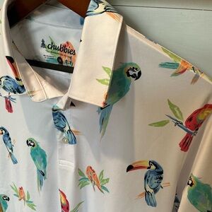 Chubbies Tropical Bird Polo Shirt Medium Parrot Toucan Golf Party Medium